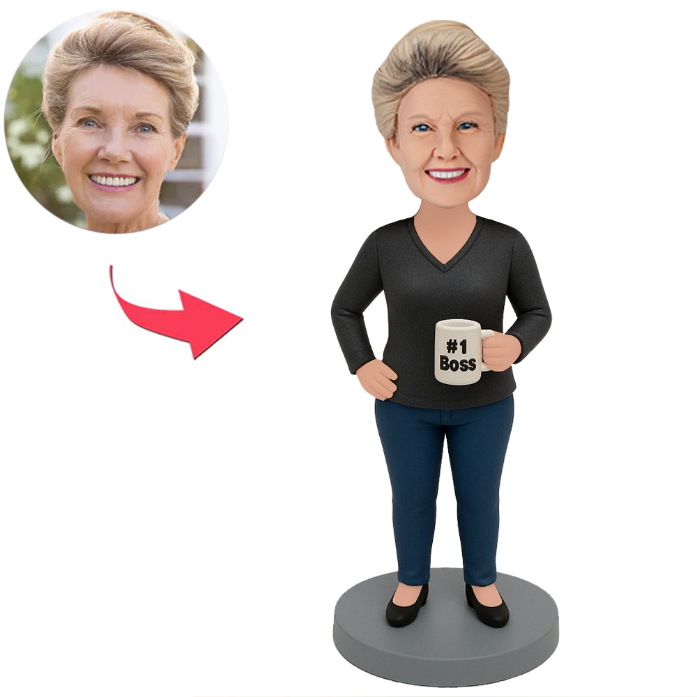 #1 Female Boss in Black Shirt Custom Bobbleheads