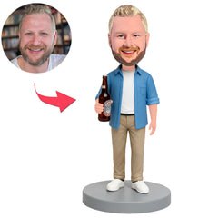 Man in Blue Jacket Holding Beer Bottle Custom Bobbleheads
