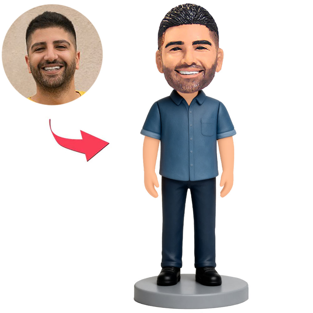 Man Wearing Blue Short-Sleeved Shirt And Blue Pants Custom Bobbleheads
