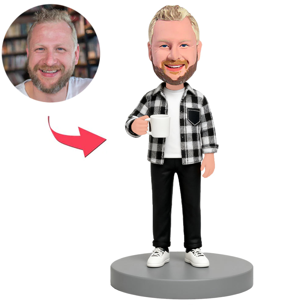 Man Wearing Black And White Plaid Jacket Custom Bobbleheads