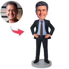 Business Man in Dark Blue Suit with Hands On Waist Custom Bobbleheads