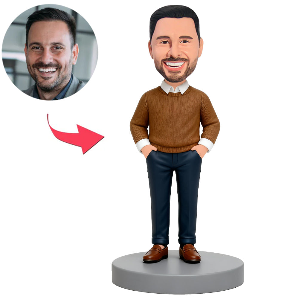 Man in Brown Clothes with Hands in Pockets Custom Bobbleheads