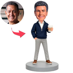 Man in Blue Clothes Holding Coffee Cup Custom Bobbleheads