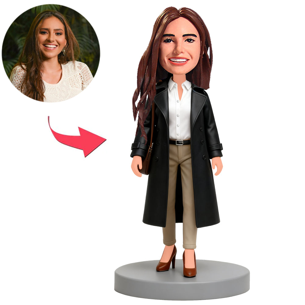 Woman in Black Trench Coat Custom Bobbleheads