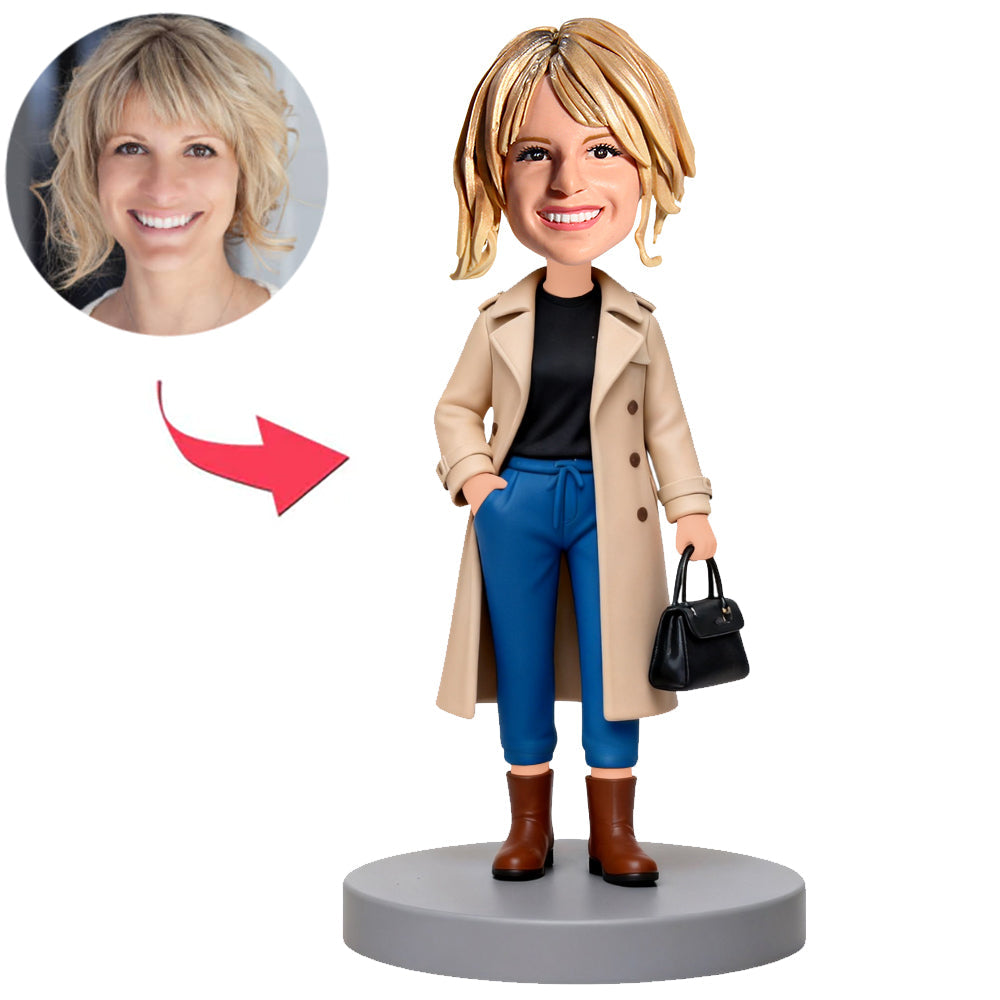 Woman in Light Brown Trench Coat Custom Bobbleheads