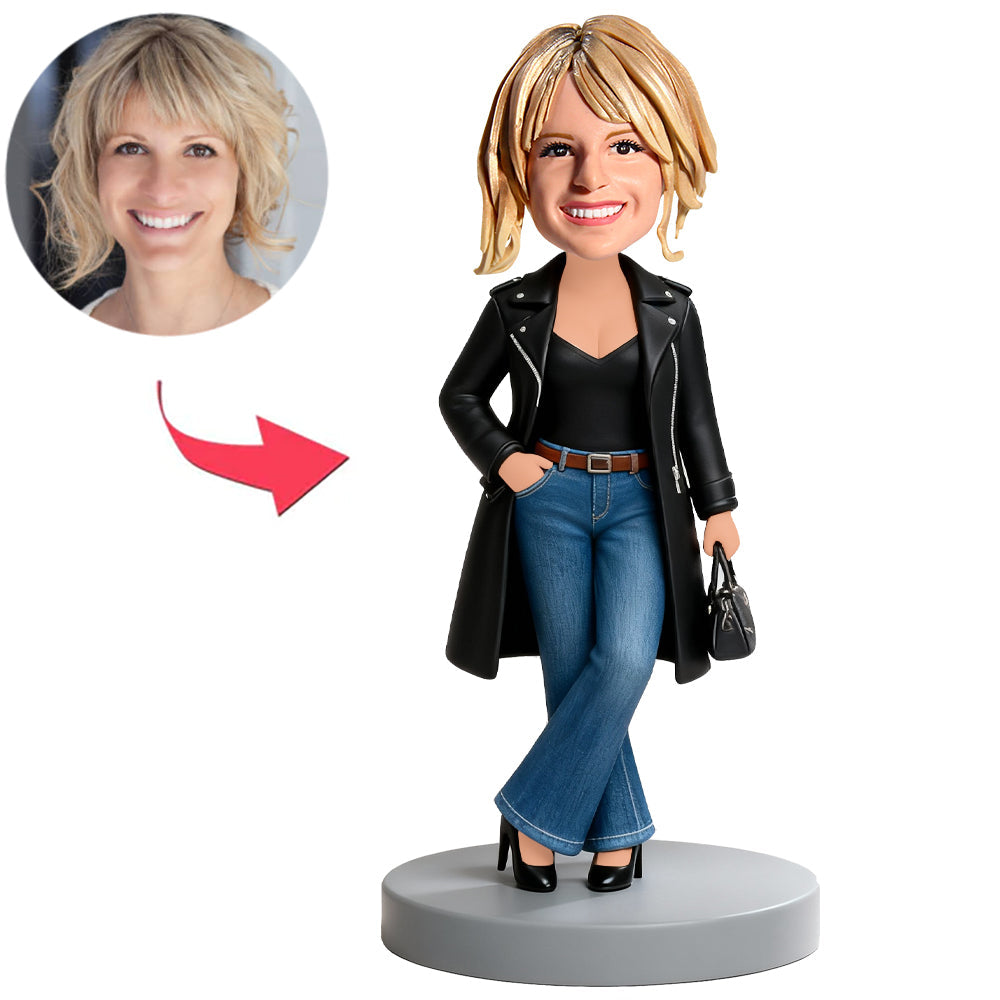 Girl in Black Coat And High Heels Custom Bobbleheads