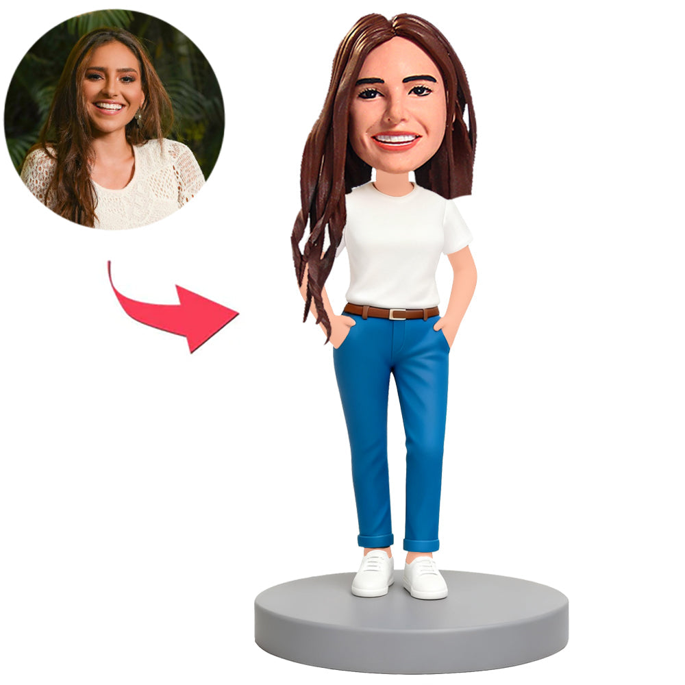 Woman Wearing White T-Shirt And Blue Pants Custom Bobbleheads