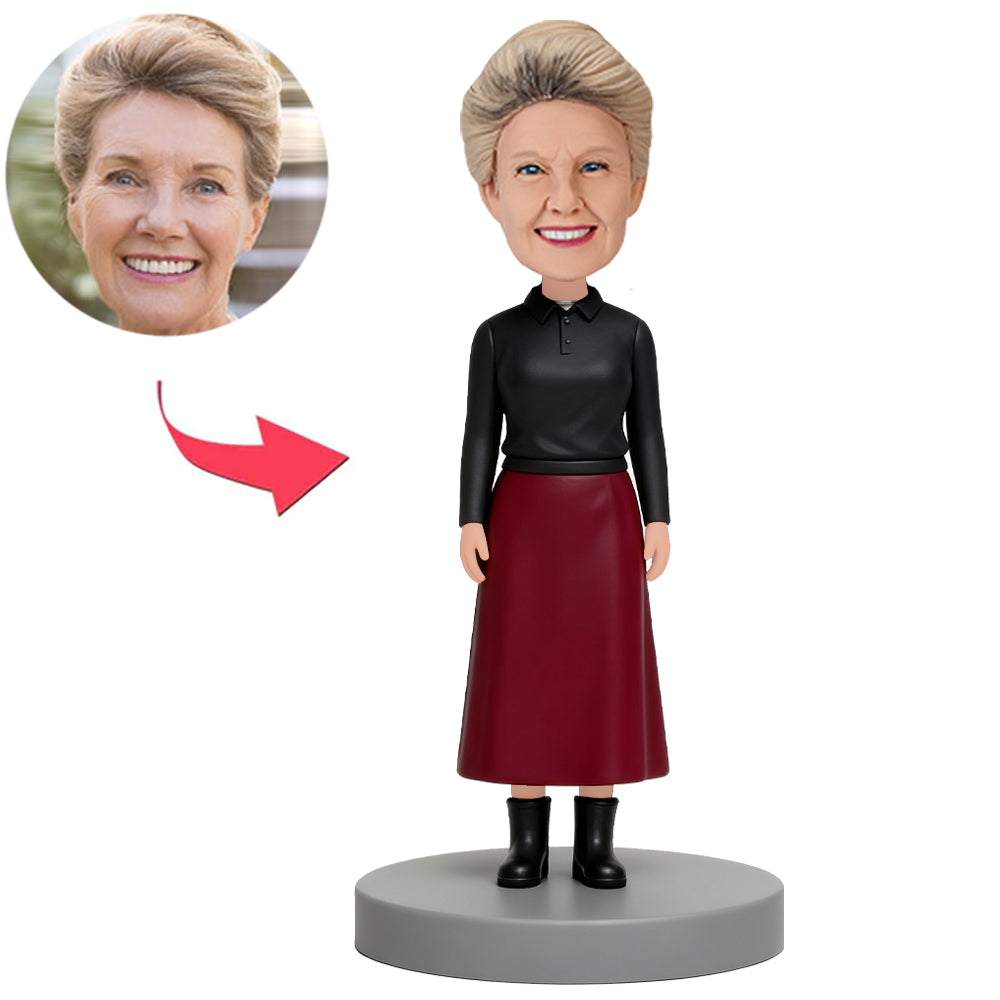 Woman Wearing Burgundy Midi Skirt Custom Bobbleheads