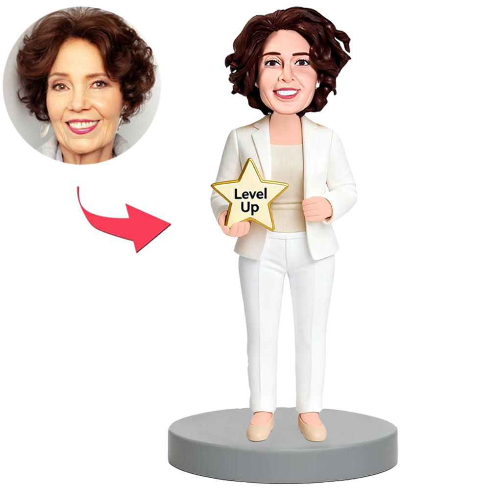 Woman Holding Level Up Medals Custom Bobbleheads