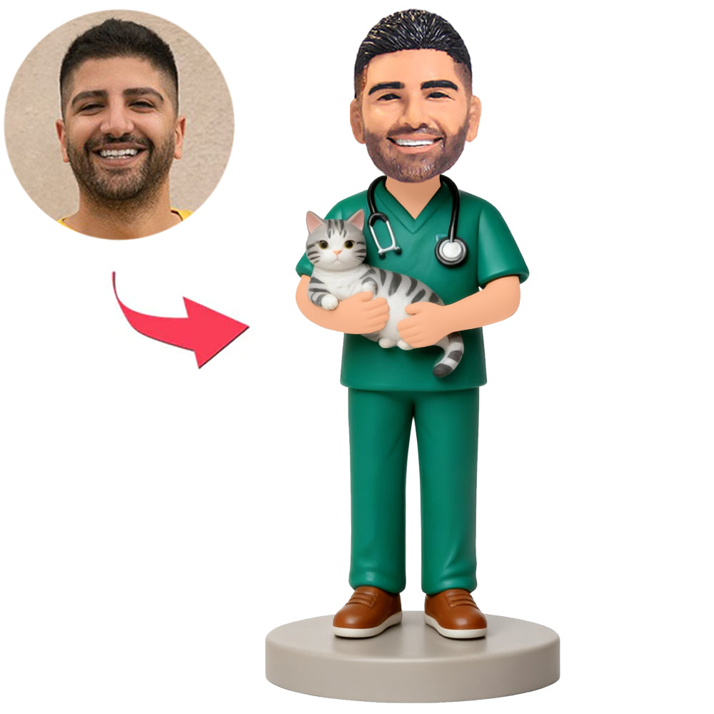Male Veterinarian Wearing Surgical Scrubs Holding Cat Custom Bobbleheads