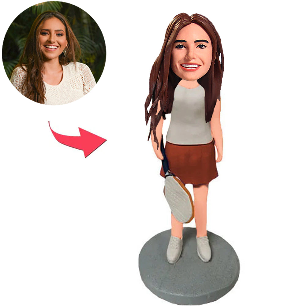 Woman Holding Tennis Racket Custom Bobbleheads
