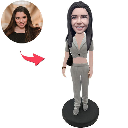 Happy Girl in Grey Suit with Bag Custom Bobbleheads