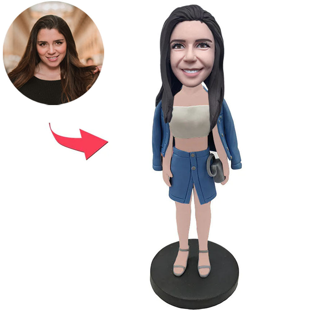 Fashion Girl in Blue Coat Custom Bobbleheads