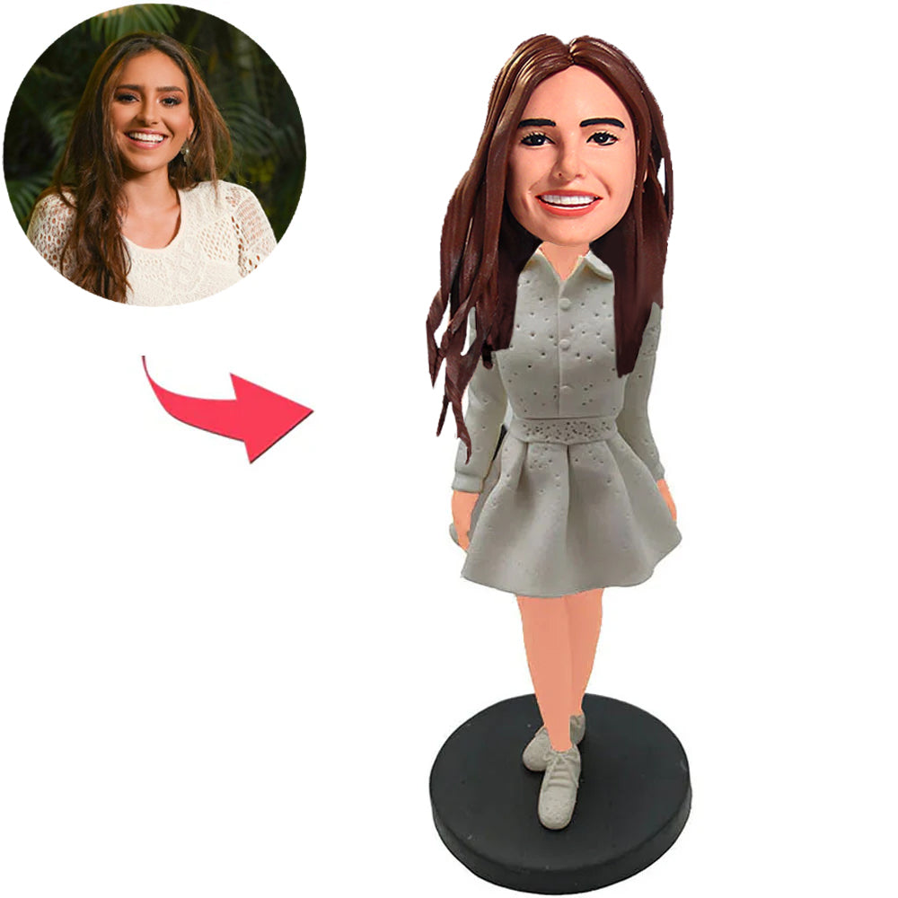 Fashion Girl in Grey Dress Custom Bobbleheads