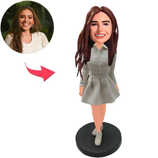Fashion Girl in Grey Dress Custom Bobbleheads