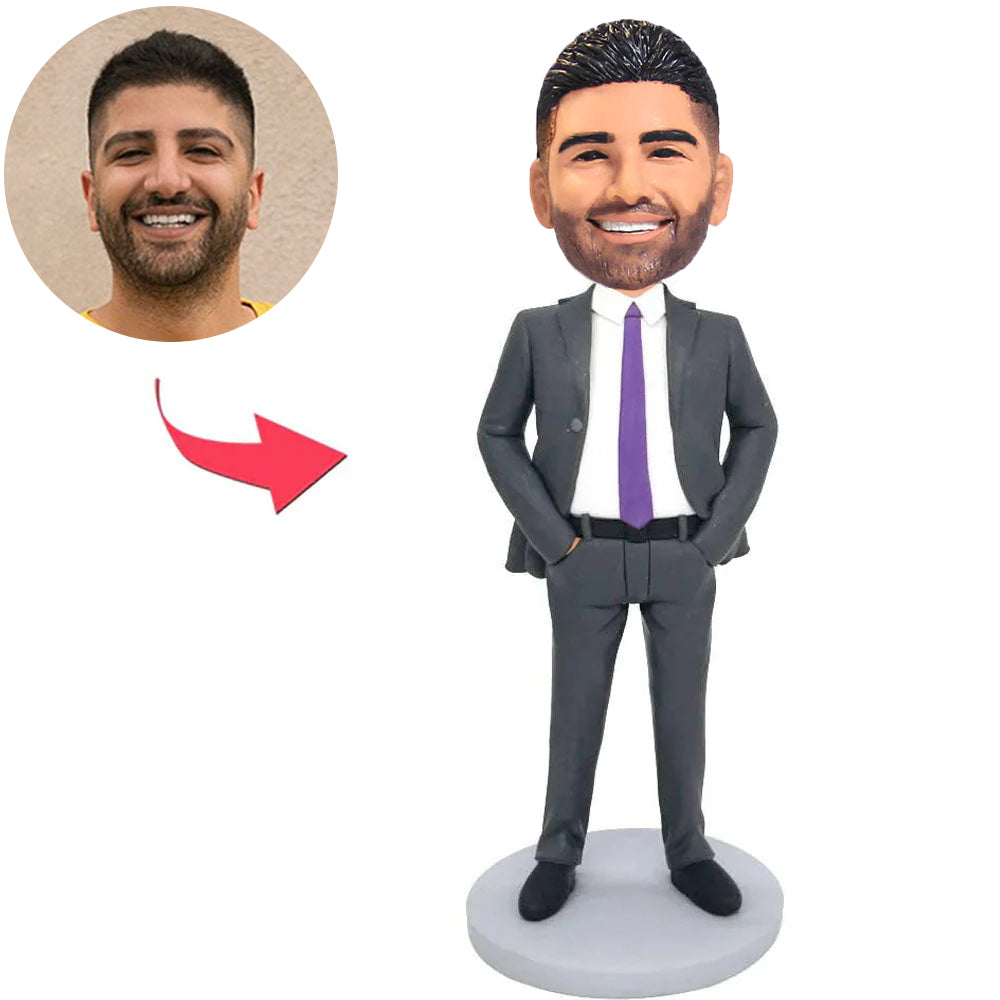 Business Grey Suit Man Hands in Pockets Custom Bobbleheads