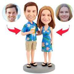 Couple Wearing Blue Hawaiian Shirts Custom Bobbleheads