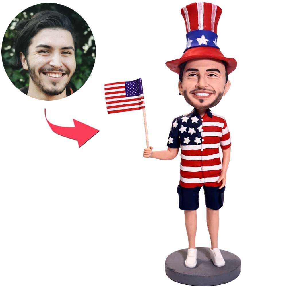 Independence Day Gifts - Man Holding American Flag Custom Bobbleheads Add Text