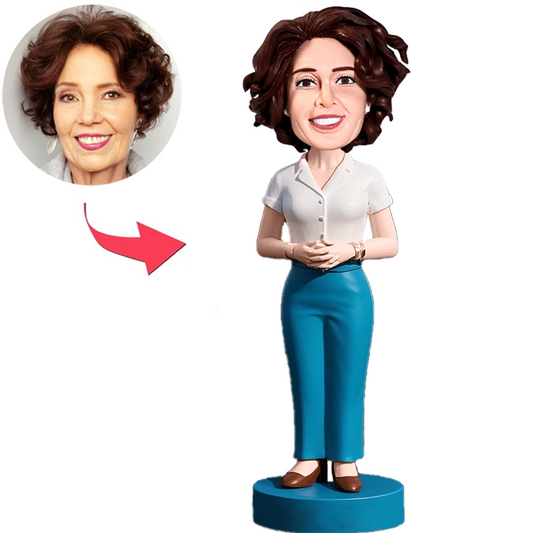 Woman Wearing White Shirt and Cyan Pants Custom Bobbleheads