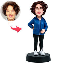 Casual Woman in Blue Jacket Custom Bobbleheads