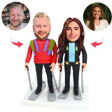 On Skis Happy Couple Custom Bobblehead With Engraved Text