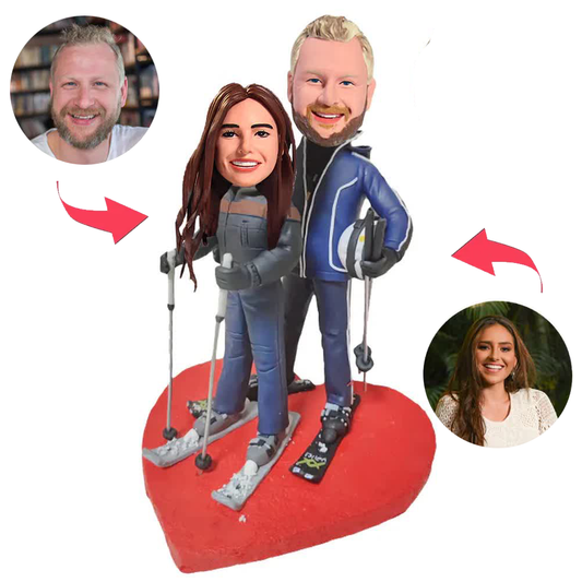 Heart Skiing Happy Couple Custom Bobblehead