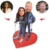 Heart Skiing Happy Couple Custom Bobblehead With Engraved Text