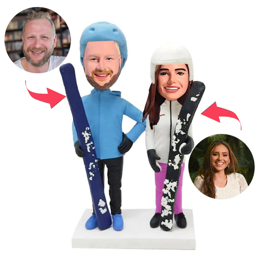 Holding Skis Couple Custom Bobblehead