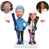 Holding Skis Couple Custom Bobblehead With Engraved Text
