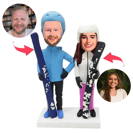 Holding Skis Couple Custom Bobblehead