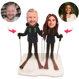 Happy Skiing Couple Custom Bobbleheads With Engraved Text