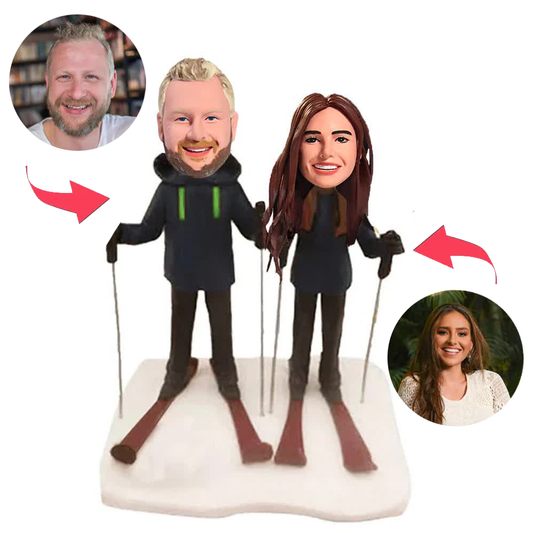 Happy Skiing Couple Custom Bobbleheads