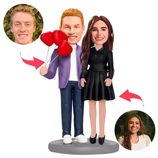 Holding Three Heart Balloon Couple Custom Bobblehead