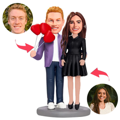 Holding Three Heart Balloon Couple Custom Bobblehead