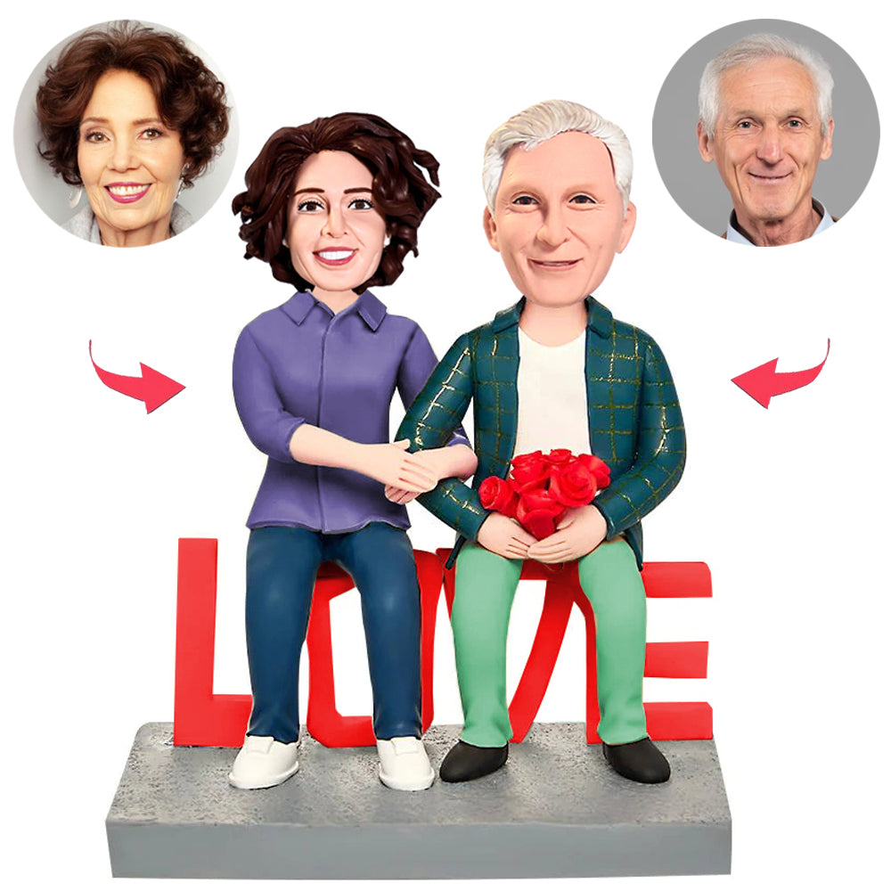 Couple Sitting on LOVE Custom Bobblehead With Engraved Text