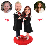 Couple Wearing Graduation Uniforms Custom Bobblehead With Engraved Text
