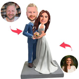 Holding Flowers Wedding Couple Custom Bobblehead With Engraved Text