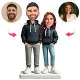 Couple Wearing Dark Blue Hoodies Custom Bobbleheads