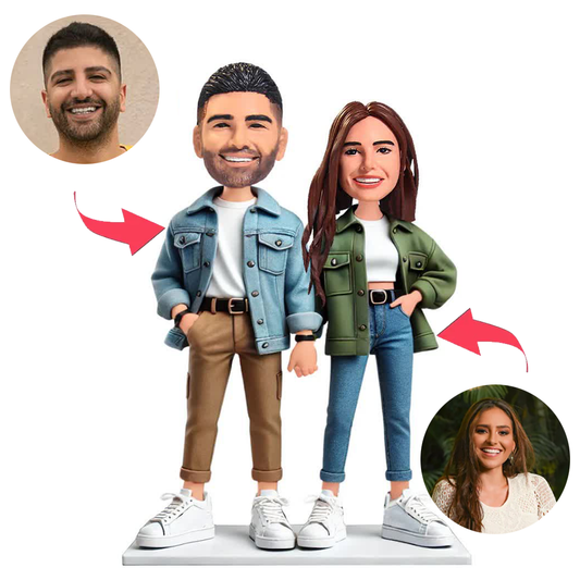 Casual Couple in Denim Clothes Custom Bobbleheads