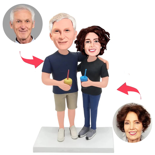 Casual Couple Holding Drinks Custom Bobbleheads