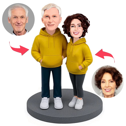 Couple Wearing Yellow Couple Hoodies Custom Bobbleheads