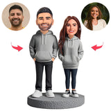 Couple Wearing Grey Couple Hoodies Custom Bobbleheads