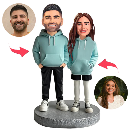 Couple Wearing Blue Couple Hoodies Custom Bobbleheads