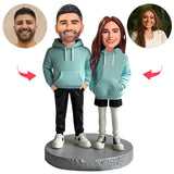 Couple Wearing Blue Couple Hoodies Custom Bobbleheads