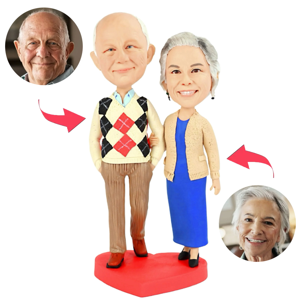 Happy Elderly Couple in Sweaters Custom Bobbleheads