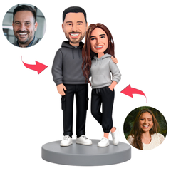 Couple Wearing Gray Casual Sweatshirts Custom Bobbleheads