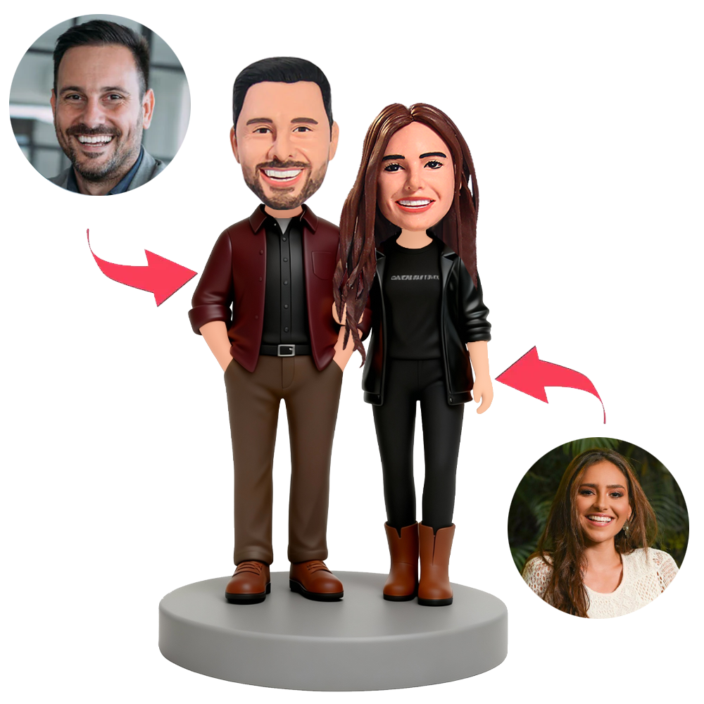 Couple Wearing Leather Jackets Custom Bobbleheads