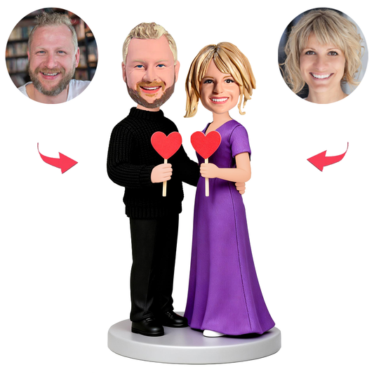 Couple Holding Heart-Shaped Signs Custom Bobbleheads