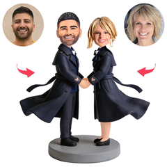 Couple in Blue Trench Coats Custom Bobbleheads
