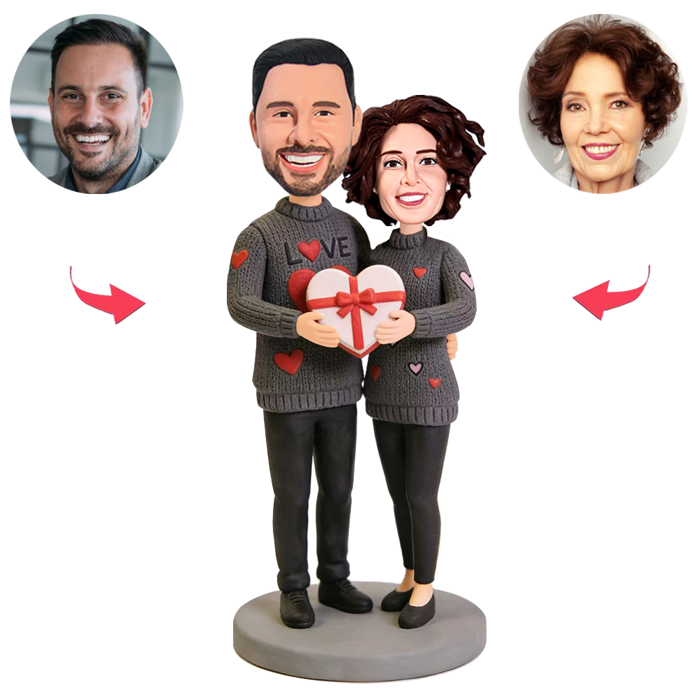 A Couple in Knitted Sweaters Holding Heart-Shaped Gifts Custom Bobbleheads